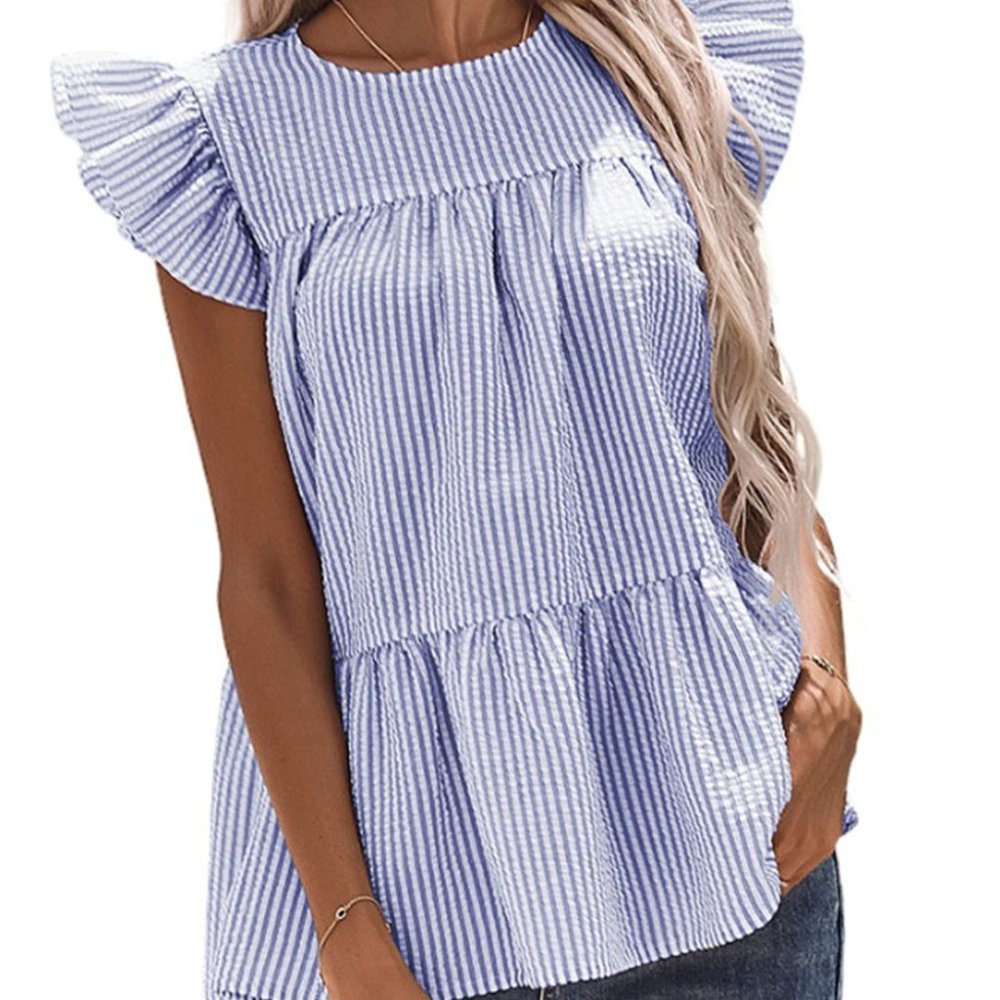 Women's Sky Blue Stripes Print Flutter Sleeve Gathered Top
